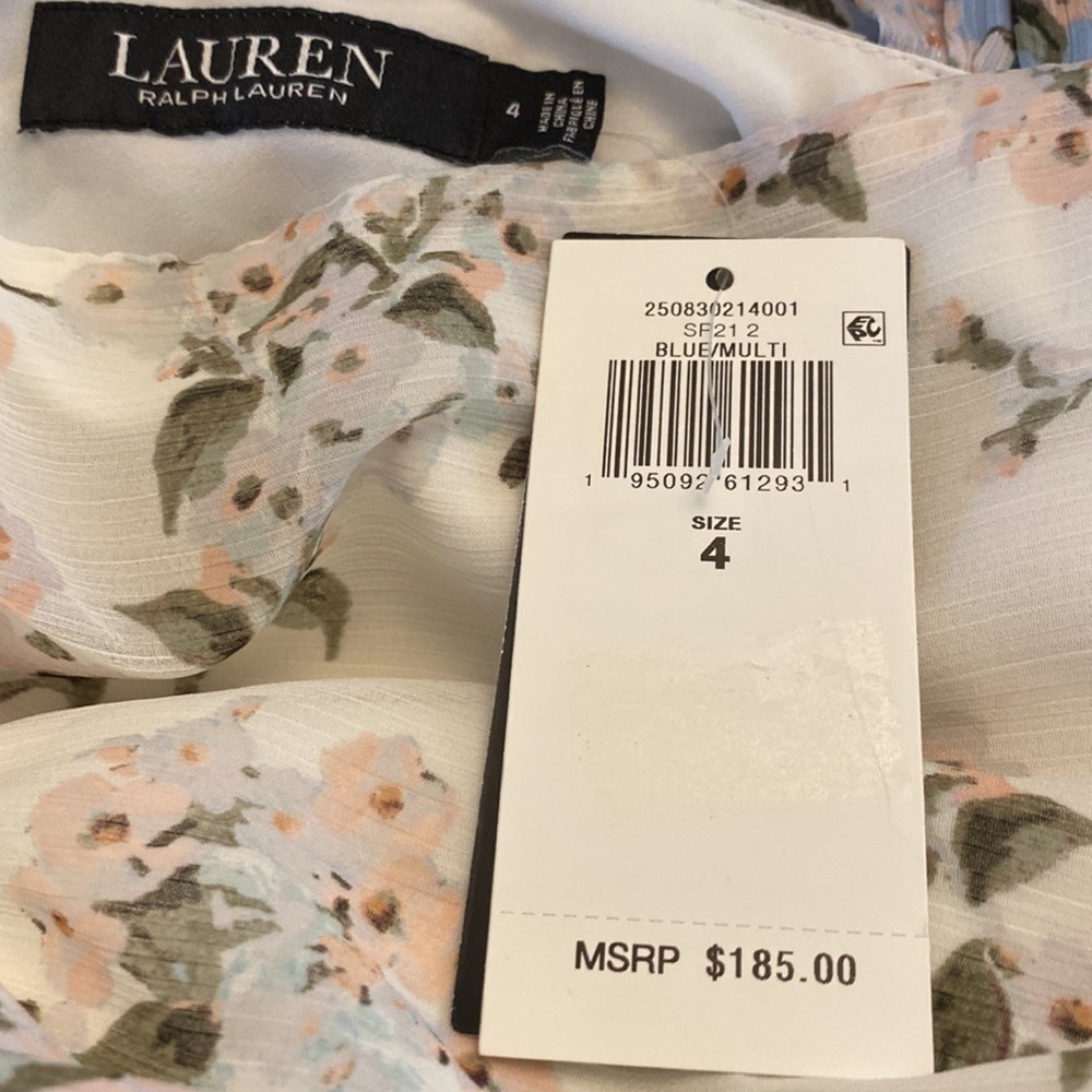 Lauren Ralph Lauren Floral Asymmetrical Hem Bow Georgette Dress in Blue Multi - Picture 6 of 6